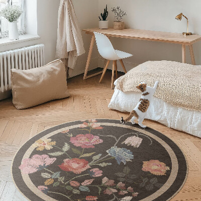 Kerek vinil szőnyeg Hímzett színes virágok