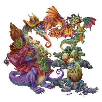 Falmatrica 100x122 Színes sárkányok mesecsalád illusztrációs stílusban
