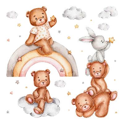 Falmatrica 100x145 Teddy mackók és egy nyúl a pasztell szivárványban és a felhőkben