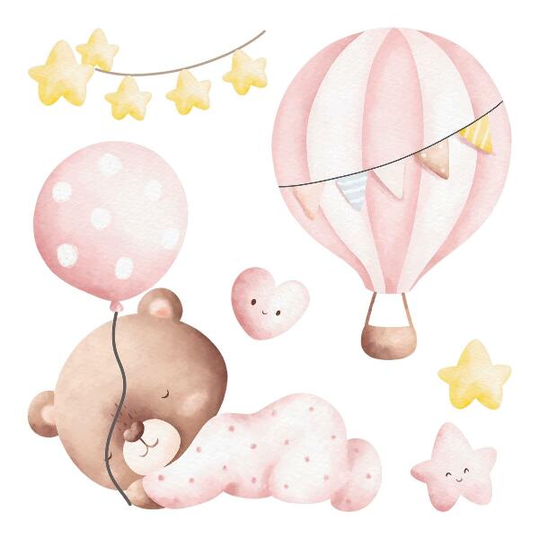Falmatrica 130x121 Teddy mackó lufikkal és csillagokkal, pasztell akvarell színben