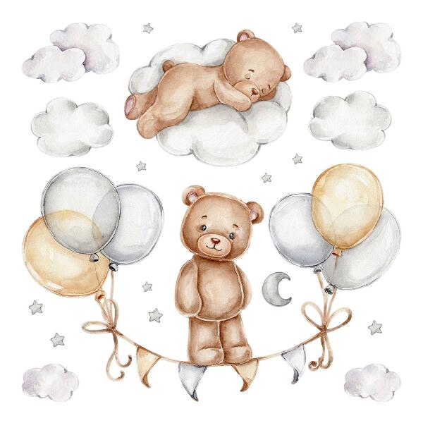 Falmatrica 130x173 Teddy mackók pasztell léggömbökben és felhőkben