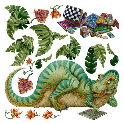 Falmatrica 60x76 Dinoszaurusz rajzfilm stílusú levelekkel és virágokkal