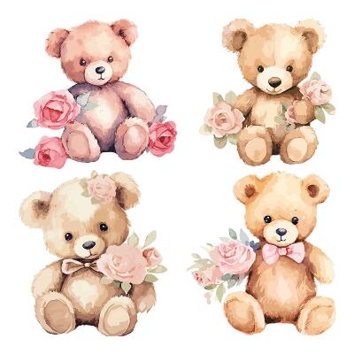 Falmatrica 60x77 Teddy mackók virágokkal, akvarell stílusban