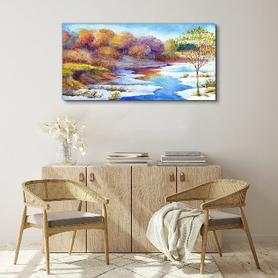 Vászonkép Akvarell fa folyó