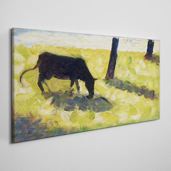 Vászonkép Fekete tehén Seurat réten