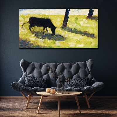 Vászonkép Fekete tehén Seurat réten