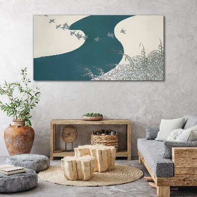 Vászonkép Téli folyó hó madarak