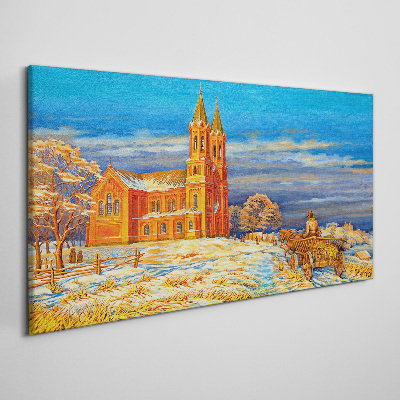 Vászonkép Téli táj templommal
