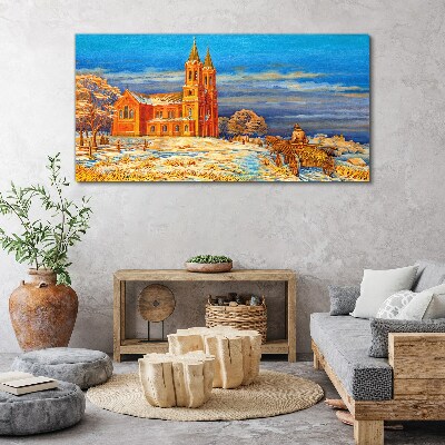 Vászonkép Téli táj templommal