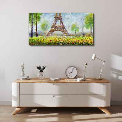 Vászonkép Az Eiffel-torony virágos környezetben