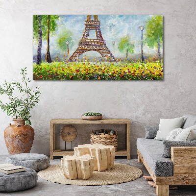 Vászonkép Az Eiffel-torony virágos környezetben