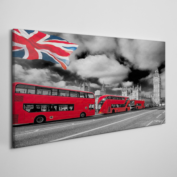 Vászonkép Vörös londoni buszok az Egyesült Királyság zászlójával