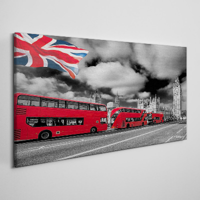 Vászonkép Vörös londoni buszok az Egyesült Királyság zászlójával