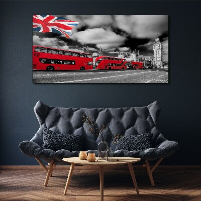 Vászonkép Vörös londoni buszok az Egyesült Királyság zászlójával