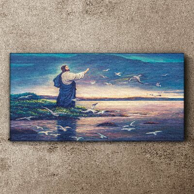 Vászonkép Jézus a parton a madarakkal