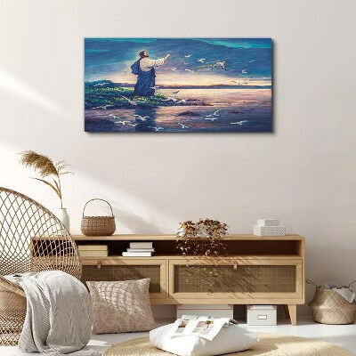 Vászonkép Jézus a parton a madarakkal