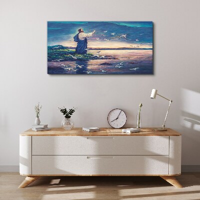 Vászonkép Jézus a parton a madarakkal