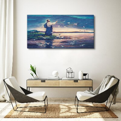 Vászonkép Jézus a parton a madarakkal