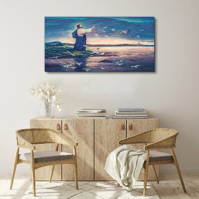 Vászonkép Jézus a parton a madarakkal