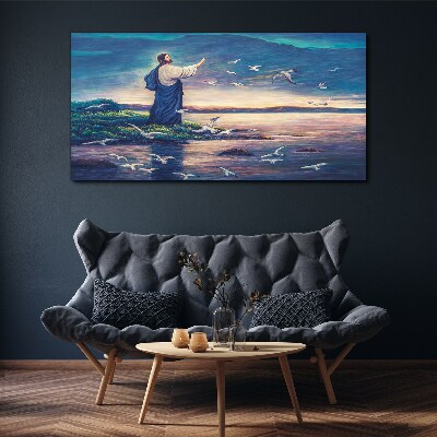 Vászonkép Jézus a parton a madarakkal