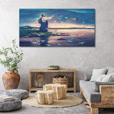 Vászonkép Jézus a parton a madarakkal