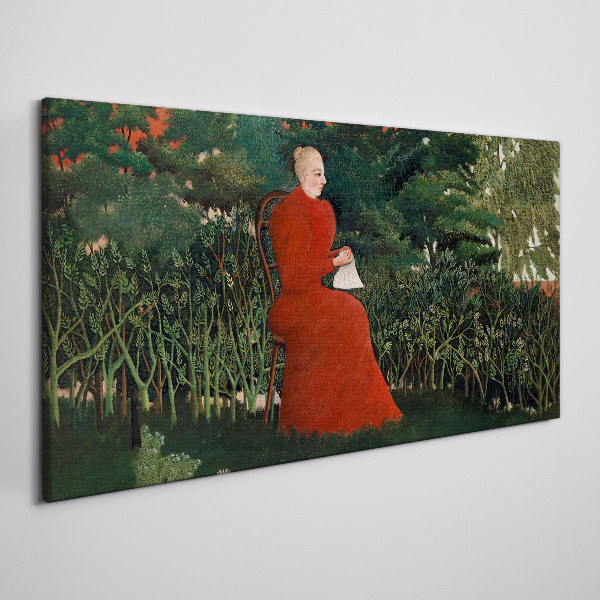 Vászonkép Piros kabát a kertben