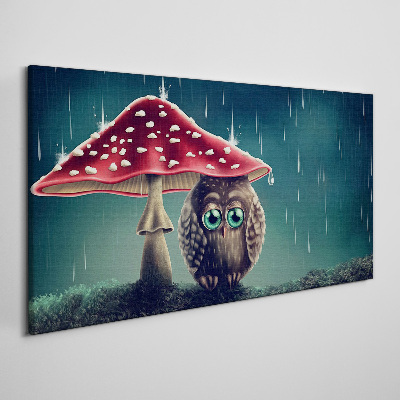 Vászonkép Egy bagoly egy gomba alatt az esőben