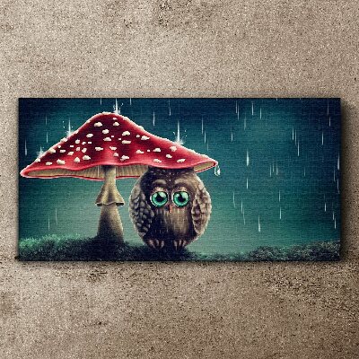 Vászonkép Egy bagoly egy gomba alatt az esőben