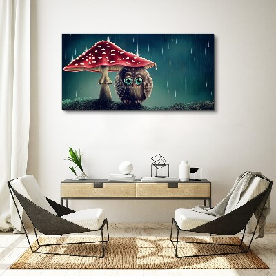 Vászonkép Egy bagoly egy gomba alatt az esőben