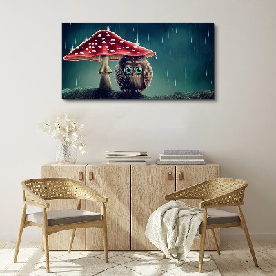 Vászonkép Egy bagoly egy gomba alatt az esőben