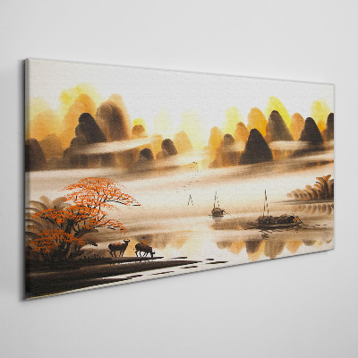 Vászonkép Békés táj hegyekkel és vízzel