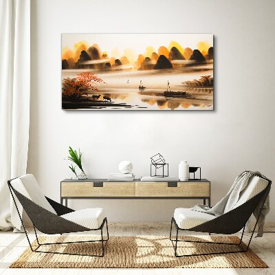 Vászonkép Békés táj hegyekkel és vízzel