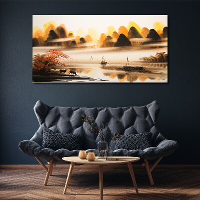 Vászonkép Békés táj hegyekkel és vízzel