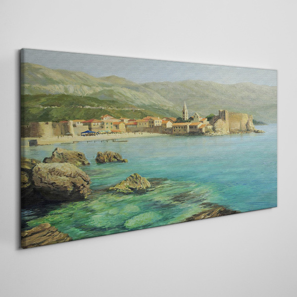 Vászonkép Tengerparti táj hegyi dombokkal