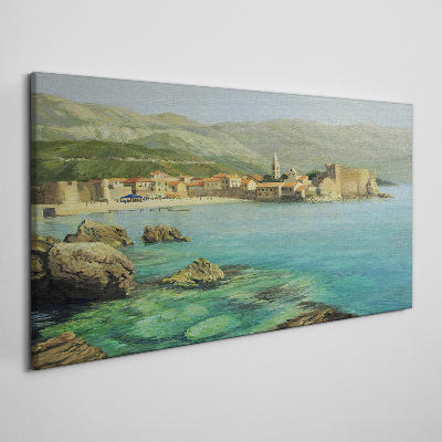 Vászonkép Tengerparti táj hegyi dombokkal