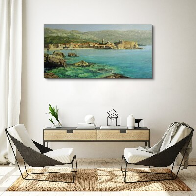 Vászonkép Tengerparti táj hegyi dombokkal