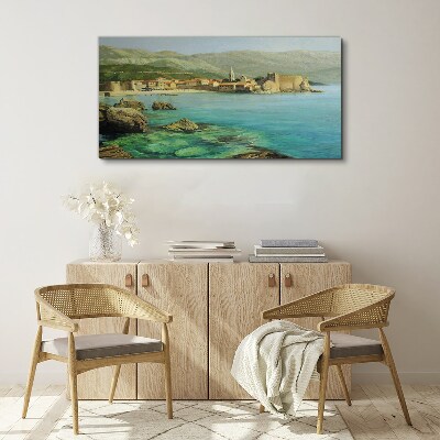 Vászonkép Tengerparti táj hegyi dombokkal