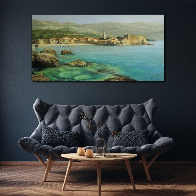 Vászonkép Tengerparti táj hegyi dombokkal