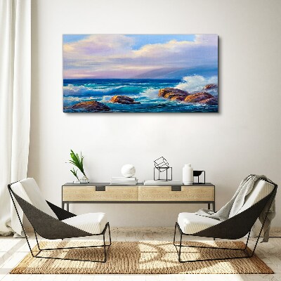 Vászonkép Hullámok egy sziklás part partján