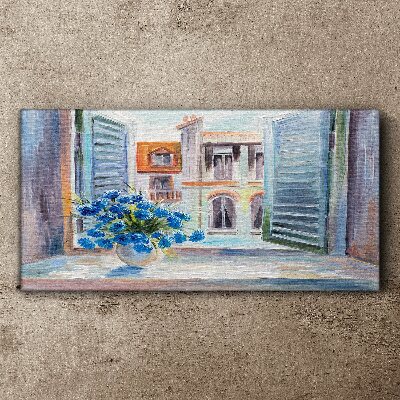 Vászonkép Virágok a nyitott ablak mellett