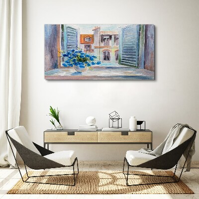 Vászonkép Virágok a nyitott ablak mellett