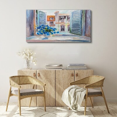 Vászonkép Virágok a nyitott ablak mellett