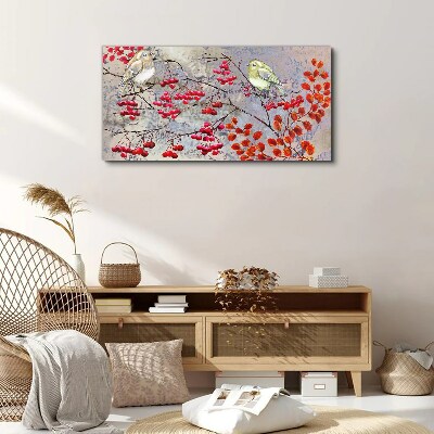 Vászonkép Madarak egy ágon gyümölcs