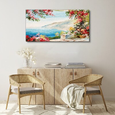 Vászonkép Nyári tengerparti táj virágokkal