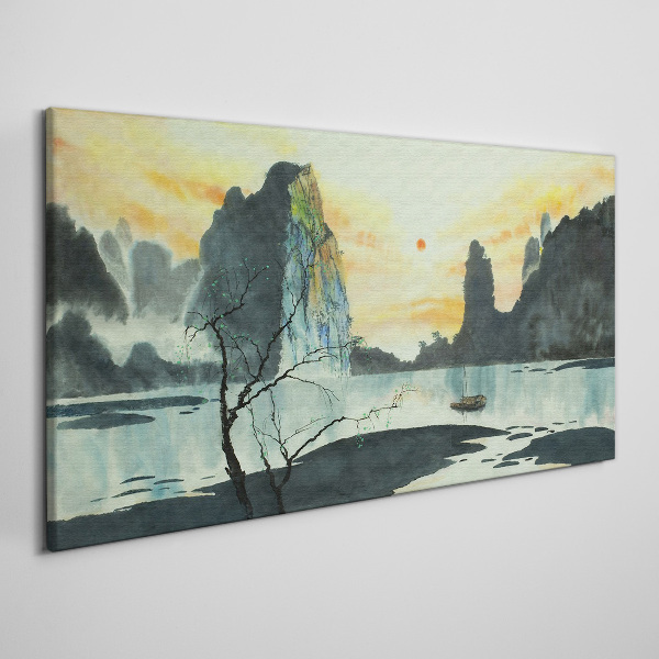 Vászonkép Békés táj hegyekkel és csónakkal