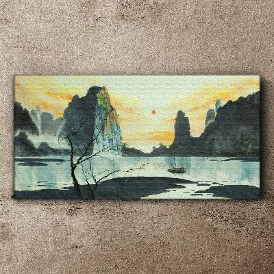 Vászonkép Békés táj hegyekkel és csónakkal