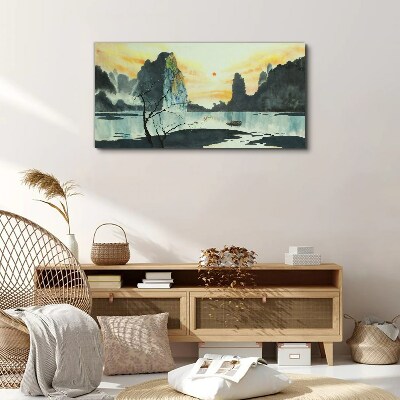 Vászonkép Békés táj hegyekkel és csónakkal