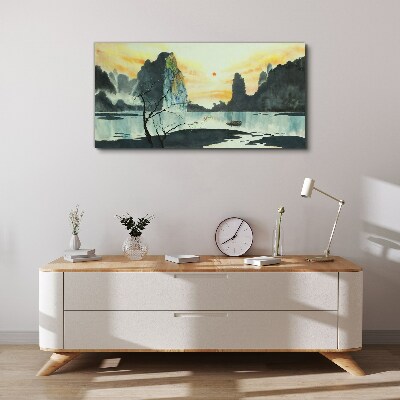 Vászonkép Békés táj hegyekkel és csónakkal