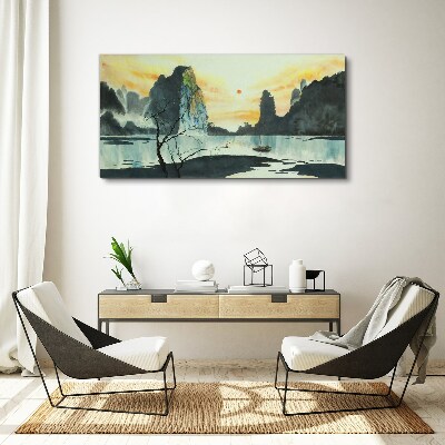 Vászonkép Békés táj hegyekkel és csónakkal