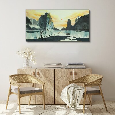 Vászonkép Békés táj hegyekkel és csónakkal